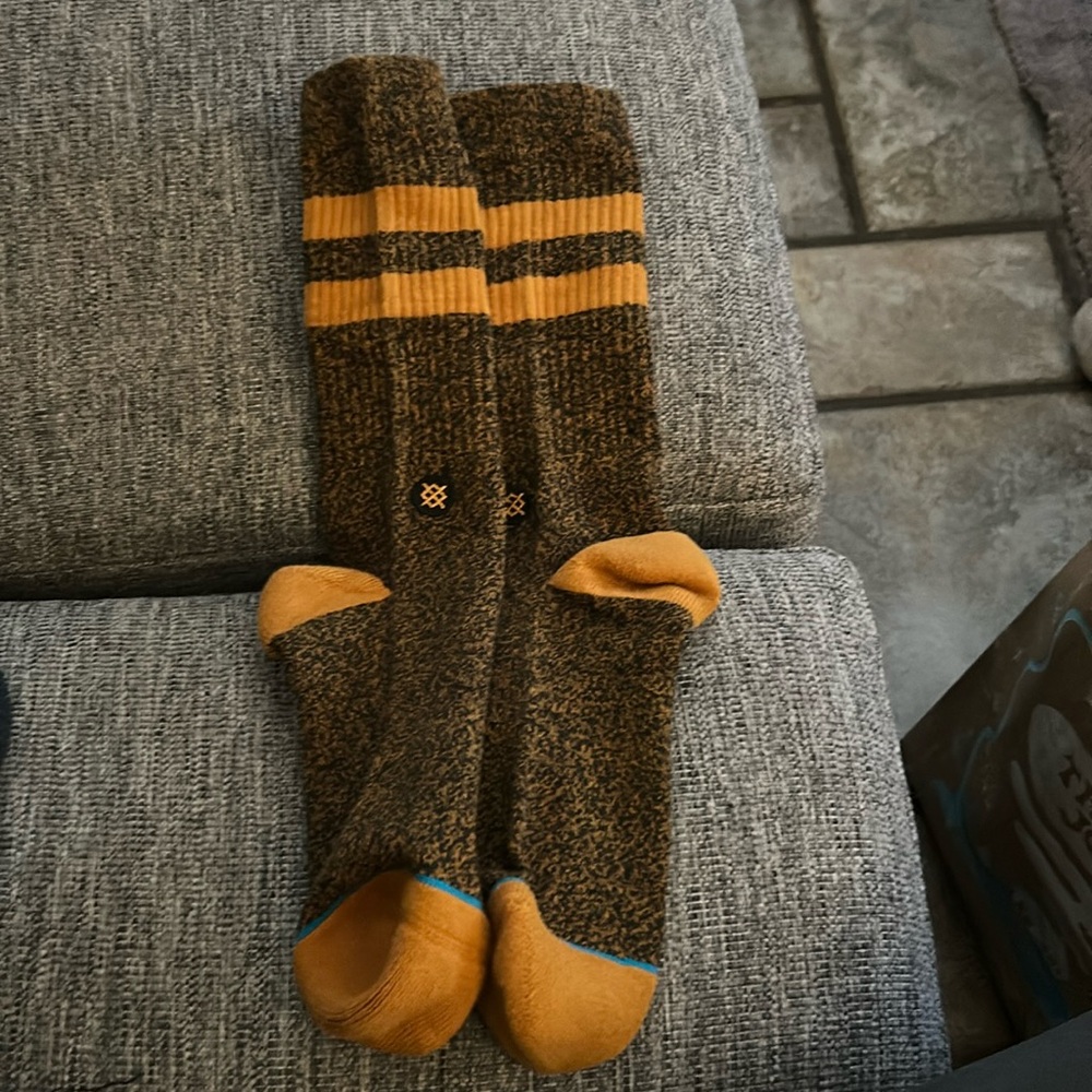 Men's Stance socks. Sable brown with butternut, stripes, heel and toe. Size 8-11